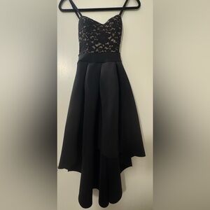 Black High-Low Cocktail Dress | Lace Bodice & Satin Skirt – Size S